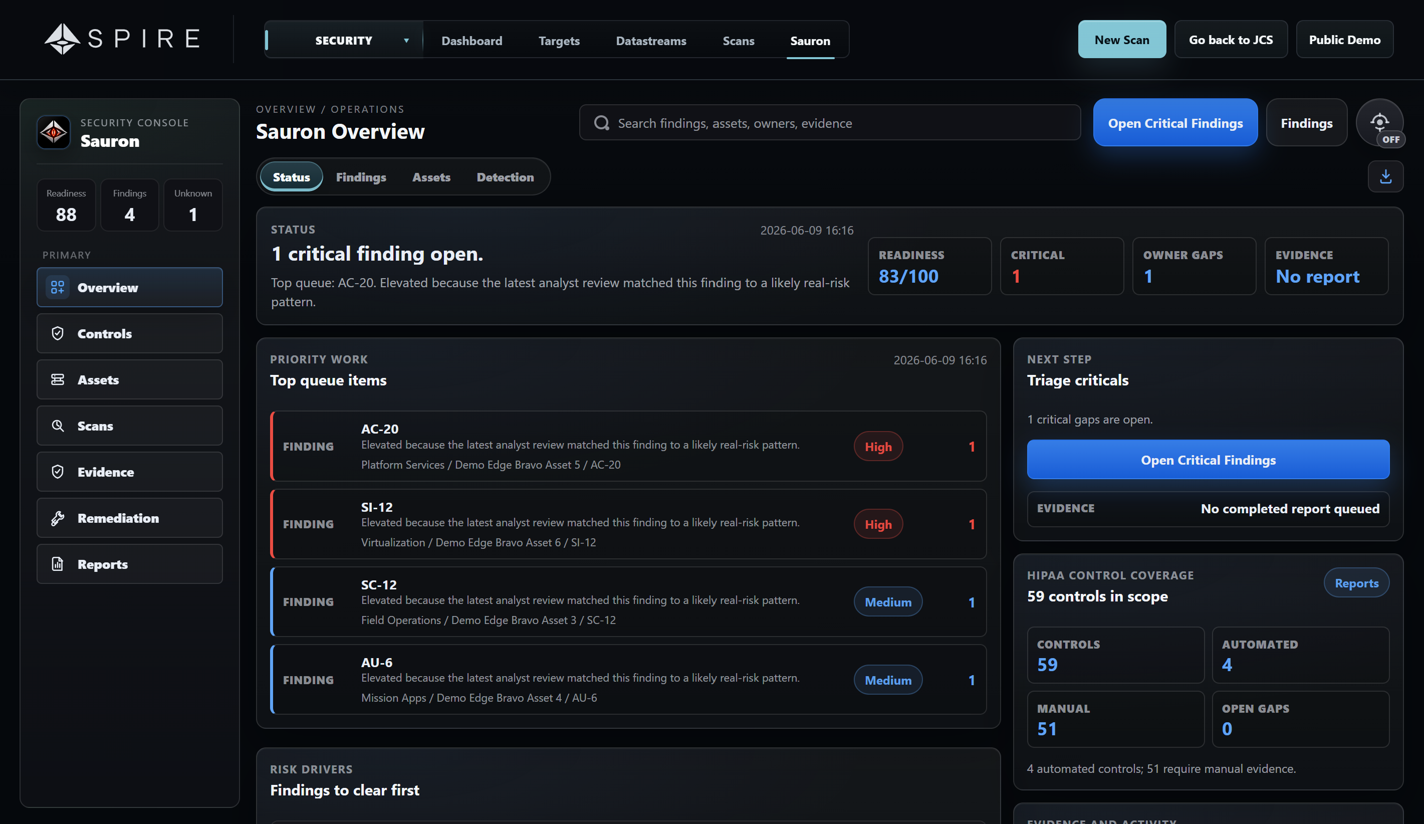 Sauron security dashboard with compliance, findings, and threat visibility